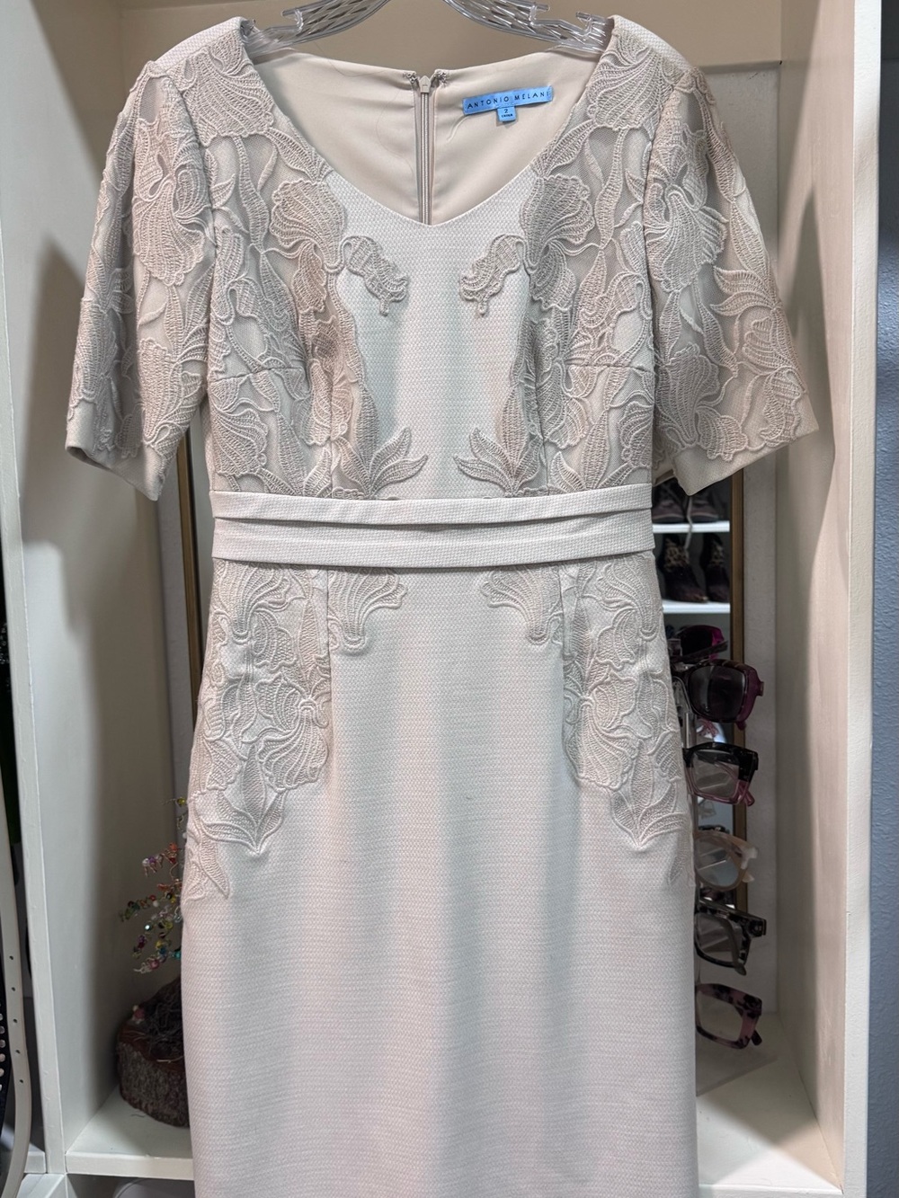 ANTONIO MELANI Ivory Lace-Accent Midi Dress